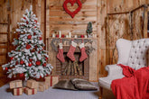 Christmas Socks Hang On Fireplace Christmas In Wood Room Backdrop For Photography Shopbackdrop