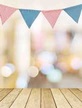 Colorful Party Flags Bokeh Background With Wood Floor Backdrop Shopbackdrop