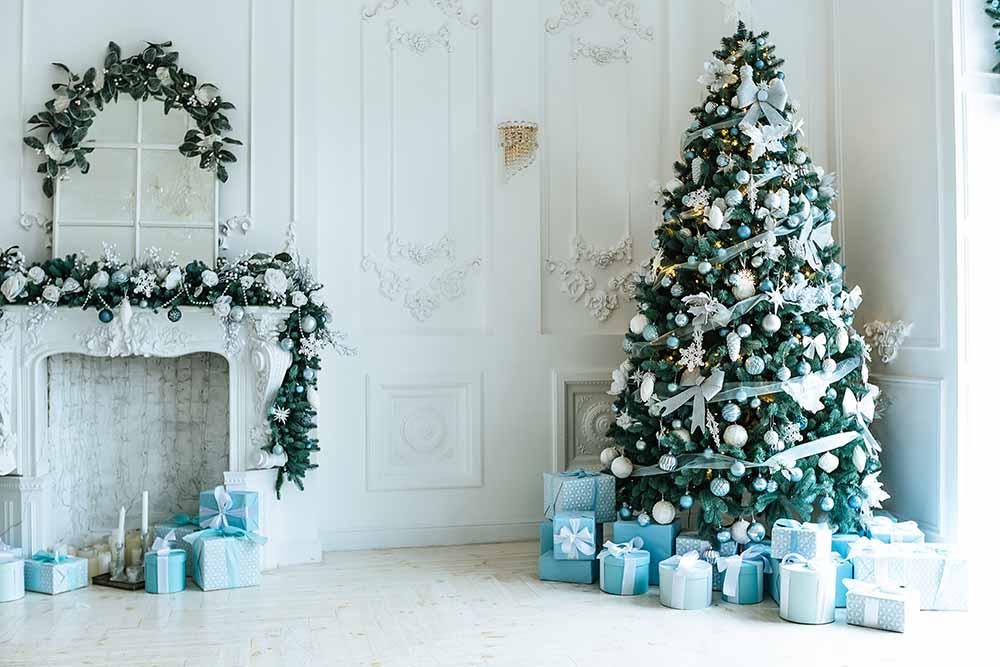 rubber artificial christmas tree Green Christmas Tree With Gifts Fireplace For Holiday Photo Backd – Shopbackdrop