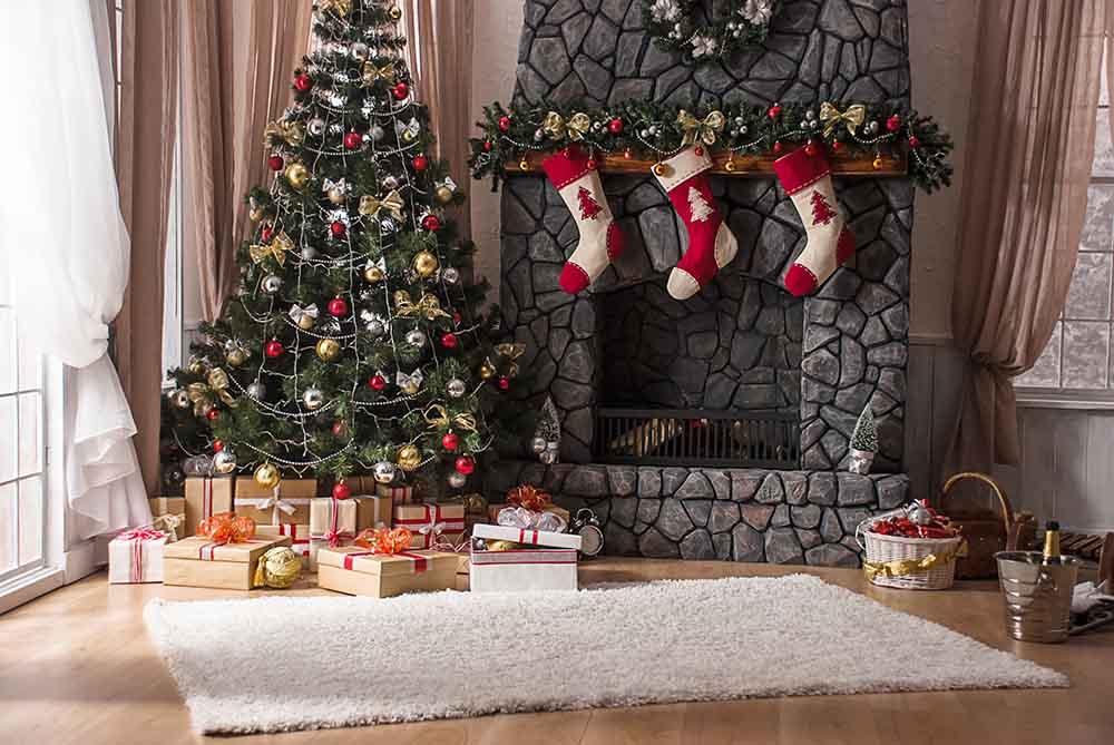 Old Stone Fireplace With Christmas Tree Indoors For Photography Backdrop  J-0118 Shopbackdrop