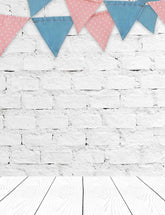 Party Flags Hanging On White Brick Wall With Wood Floor Backdrop Shopbackdrop