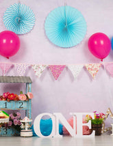 Pink Wall With Party Flags And Wheel For Baby 1Th Birthday Backdrop Shopbackdrop