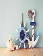 Solid Blue Background Anchor And Rudder On Wood Floor Backdrop Shopbackdrop