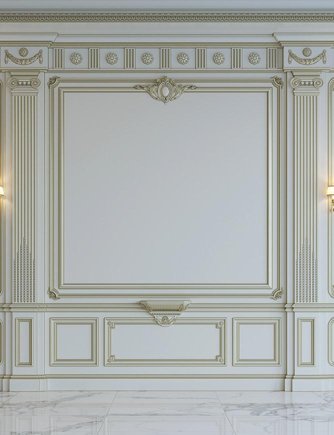 White Wall Panels In Classical Style With Gilding And Sconces Photogra