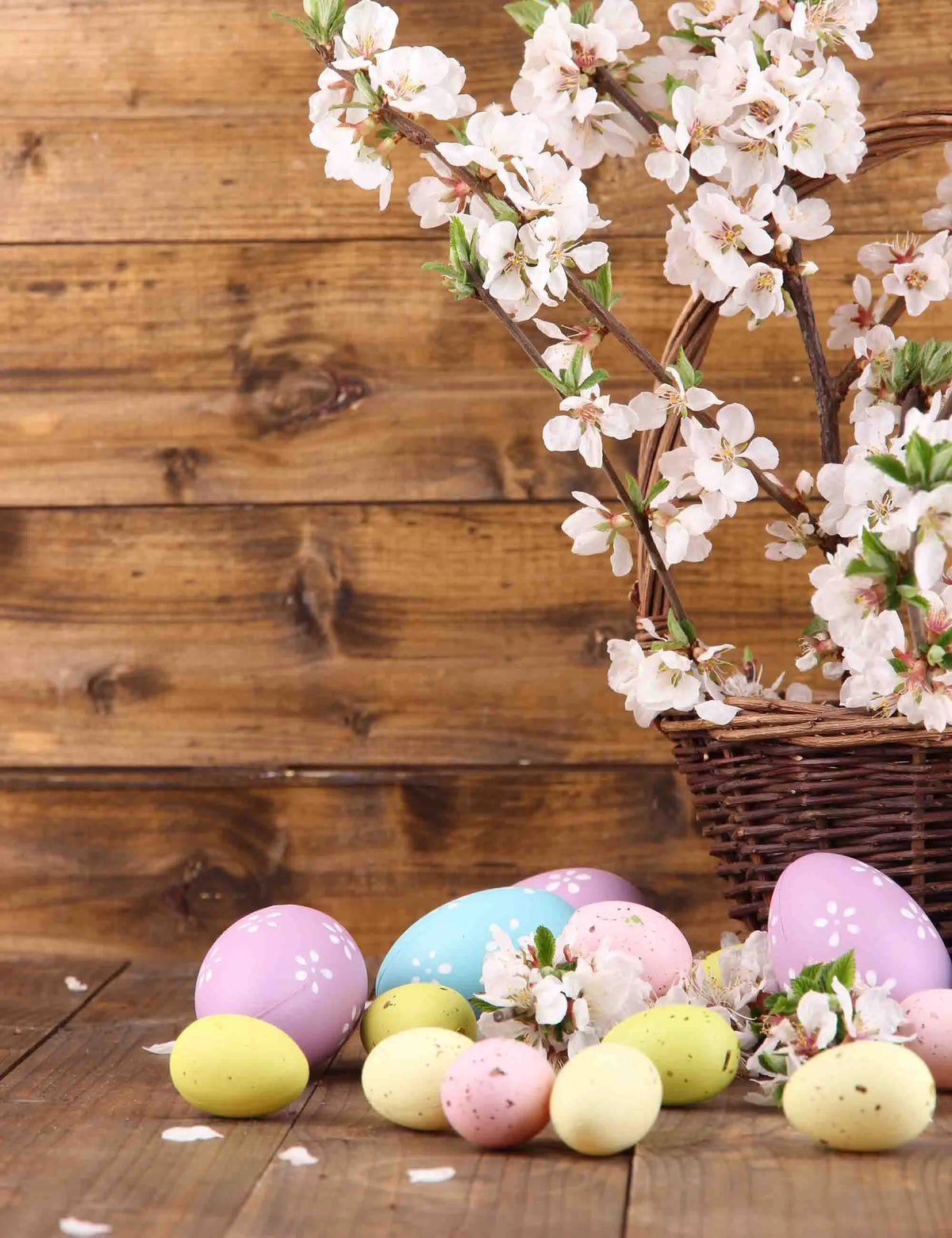 Easter Eggs On Wooden Floor And Cherry Blossom In Basket Backdrop Shopbackdrop