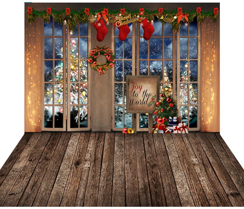 Christmas Window With Wooden Floor Mat Holiday Photography Backdrop  G-1177 Shopbackdrop