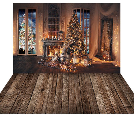 Fireplace Window Christmas tree With Wooden Floor Mat Combo Backdrop G-1178 Shopbackdrop