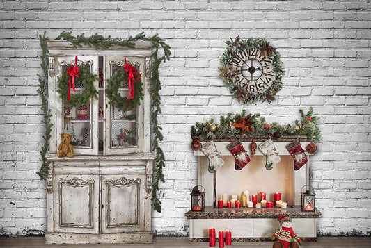 Old Cupboard With Fireplace For Christmas Holiday G-1247 Shopbackdrop
