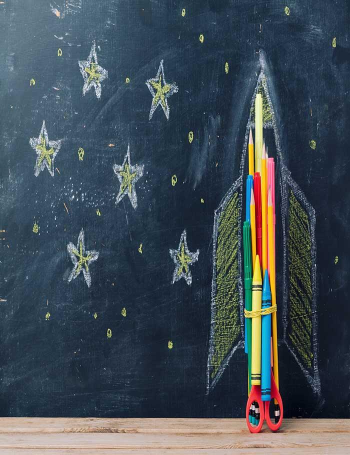 Back to school Concept With Rocket And Starts Chalkboard Photography Backdrop J-0184 Shopbackdrop