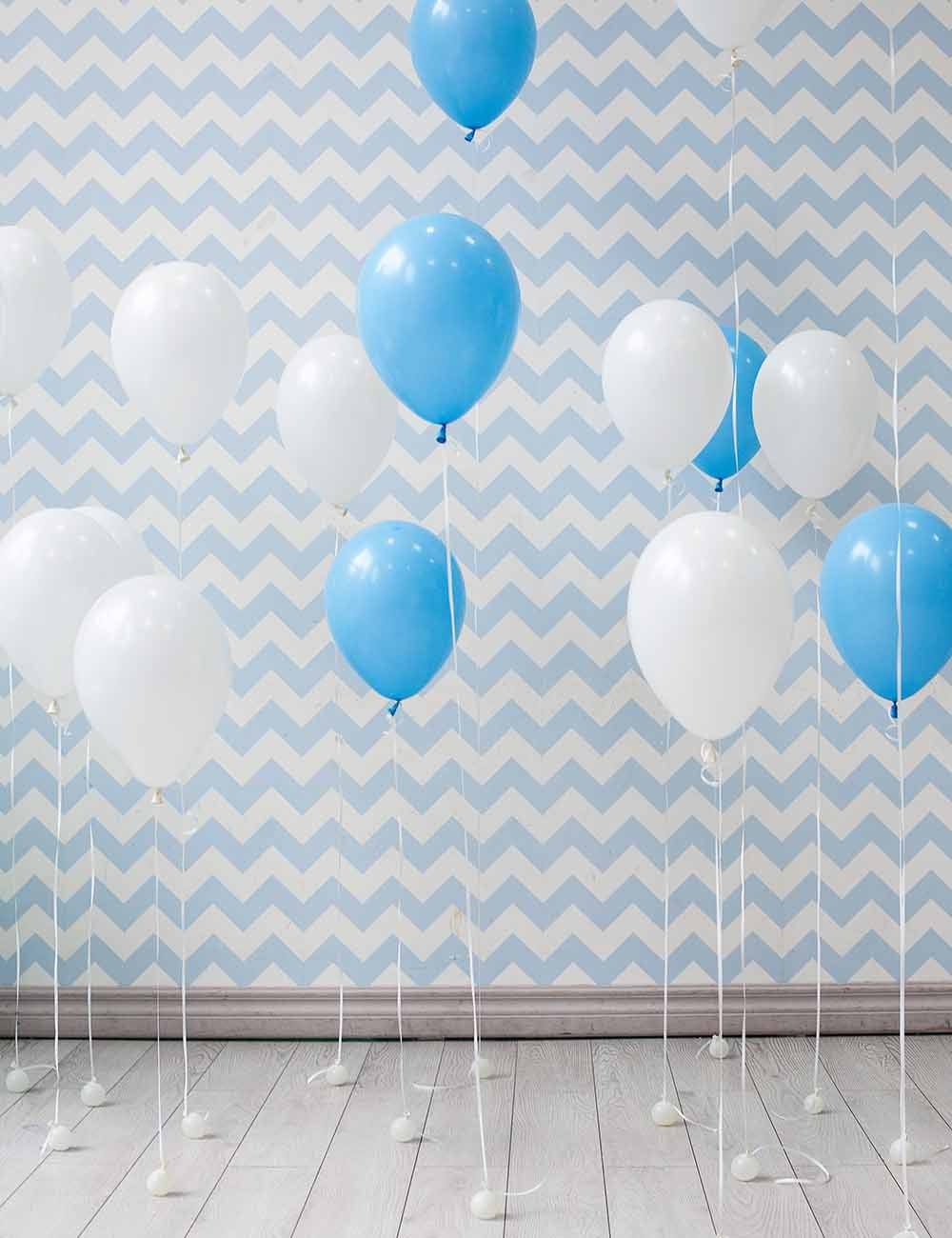 Balloons On  Wood Floor With Blue And White Chorven Background Photo Shopbackdrop