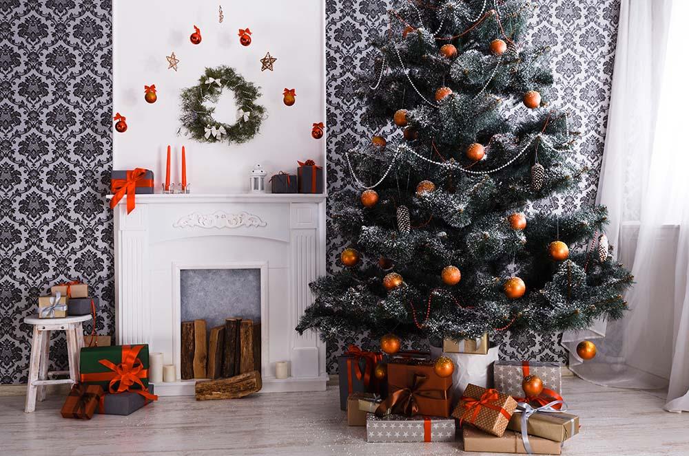 Beautiful Christmas Tree Decorated With White Fireplace For Holiday Photography Backdrop N-0059 Shopbackdrop
