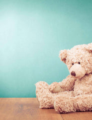 Bear Plush Toy On Wood Floor With Pale Turquoise Wall Backdrop Shopbackdrop