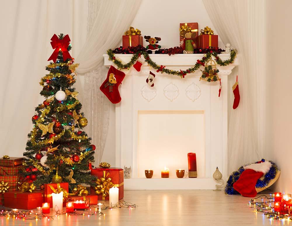 Beautiful Christmas Tree And Fireplace Covered Gifts For Holiday Photo Backdrop Shopbackdrop