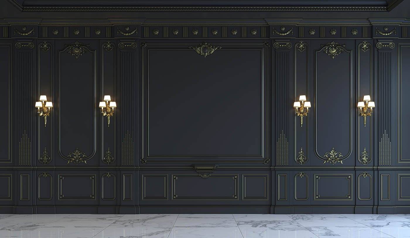 Black Wall Panels In Classical Style With Gilding And Sconces Photography Backdrop  J-0699 Shopbackdrop