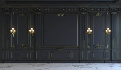 Black Wall Panels In Classical Style With Gilding And Sconces Photography Backdrop  J-0699 Shopbackdrop