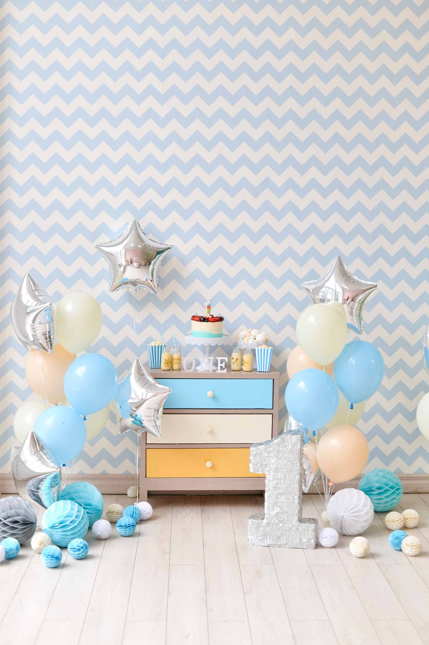 Blue Chevron Wall With Silver Star And Nature Wood Floor For One Birthday Backdrop Shopbackdrop