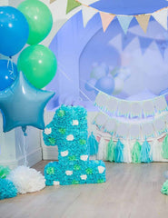 Blue Wall And Balloons With Wood Floor For Baby One Birthday Backdrop Shopbackdrop