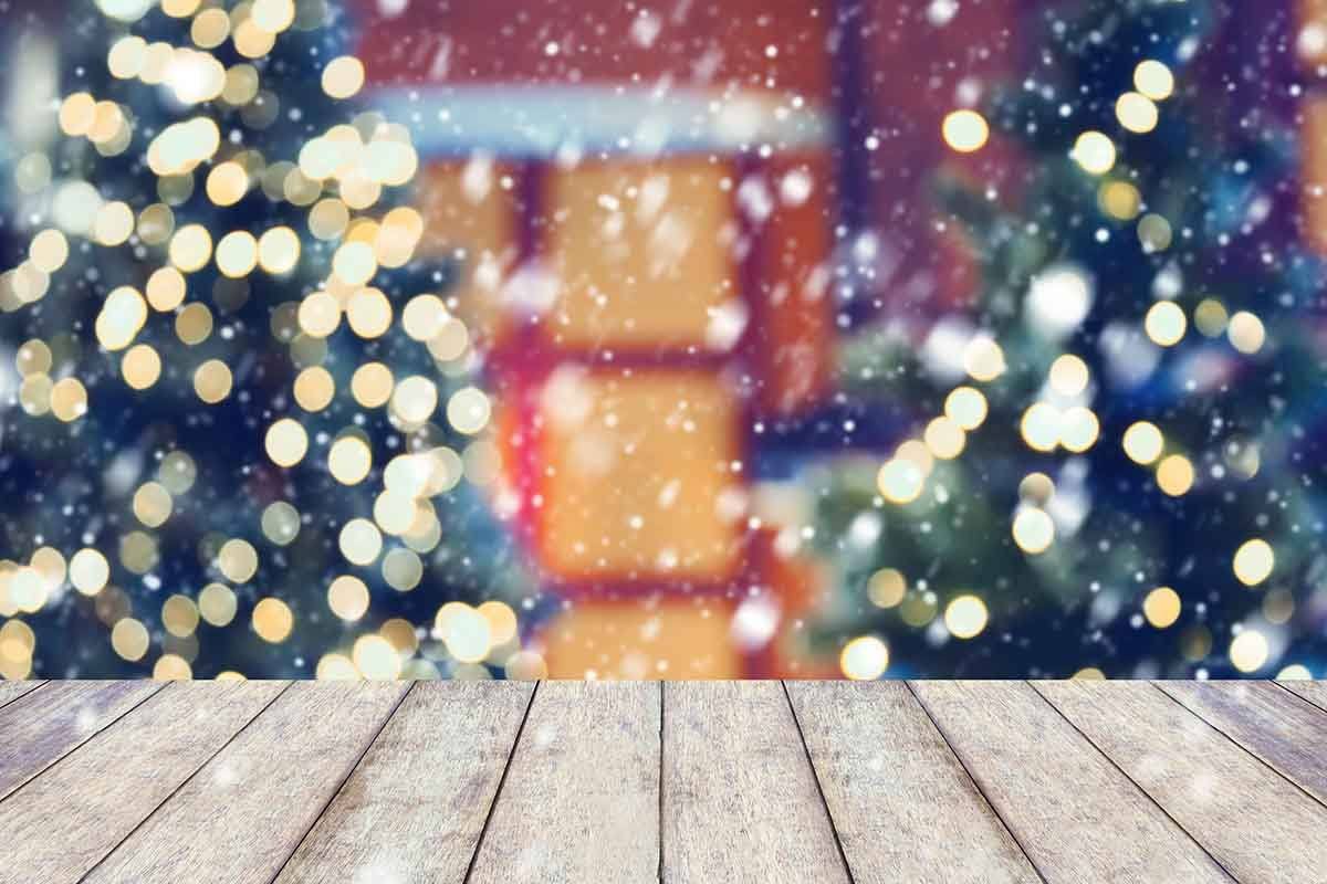 Bokeh Christmas Tree Outside With Wood Floor Photography Backdrop Shopbackdrop