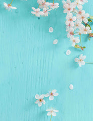 Cherry Blossom Petals On Cold Blue Wood Around Backdrop Shopbackdrop