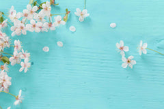 Cherry Blossom Petals On Cold Blue Wood Around Backdrop Shopbackdrop