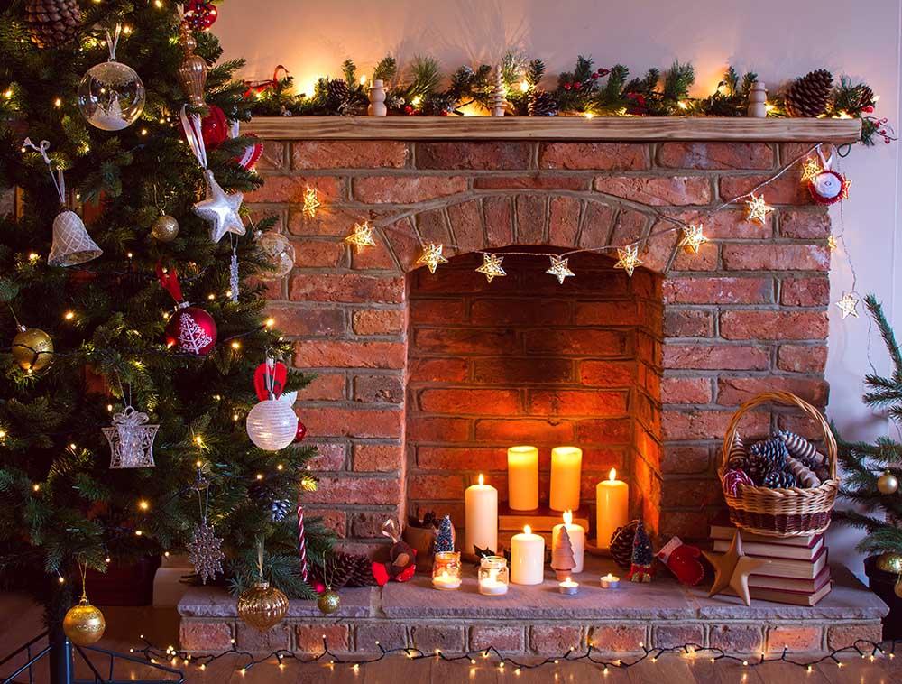 Christmas Before Fireplace Decorated With Candles For Holiday Photography Backdrop N-0034 Shopbackdrop