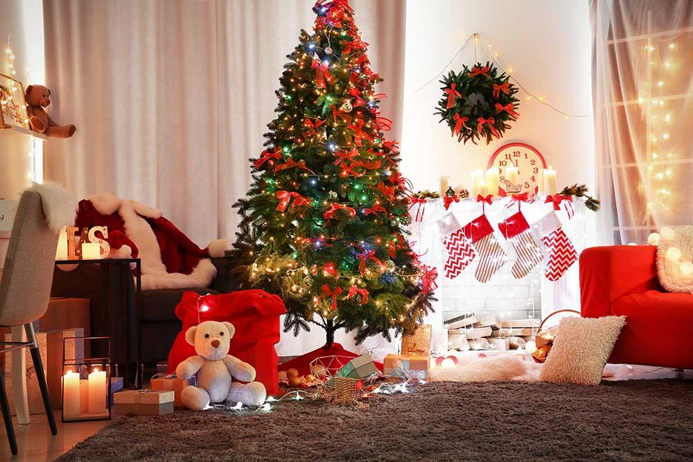 Christmas Fir Tree Interior With Fireplace For Holiday Photography Backdrop N-0049 Shopbackdrop