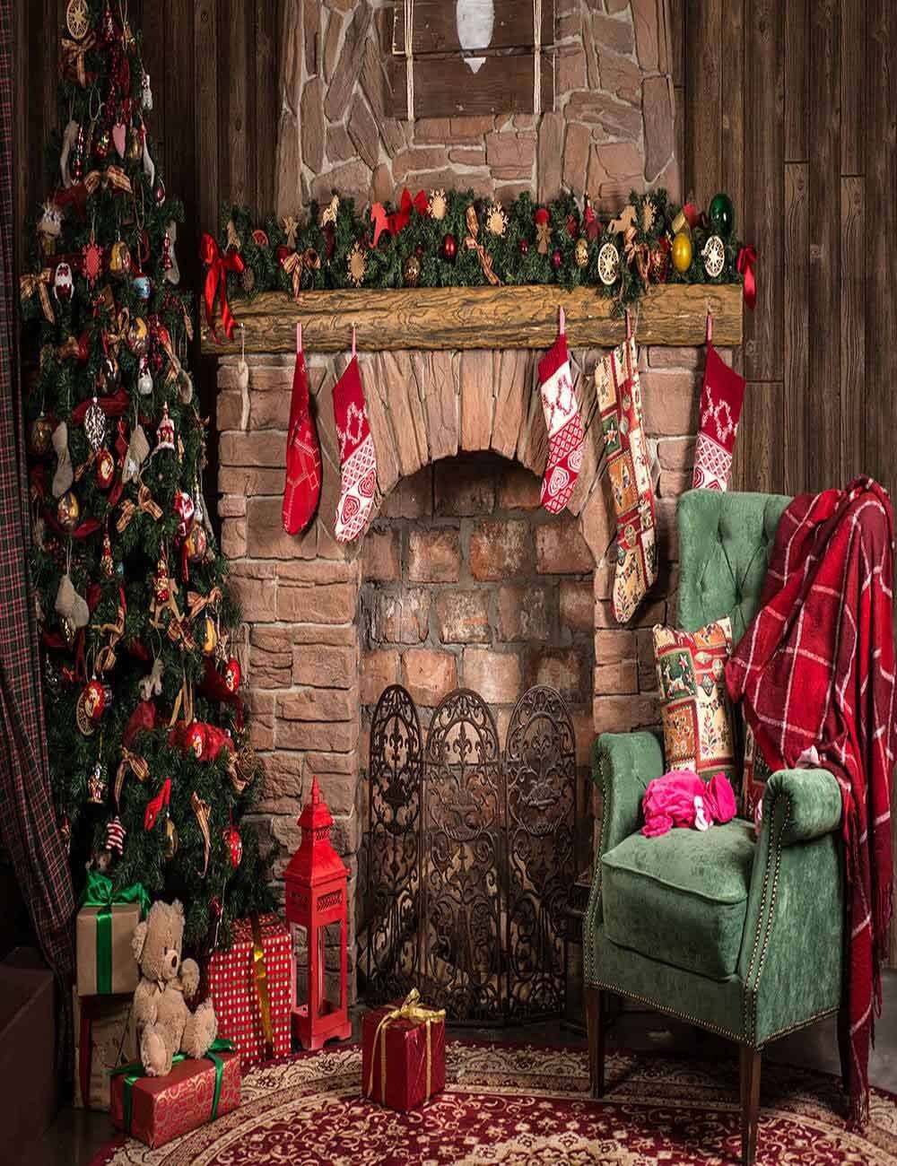 Christmas Interior Decorated With Green Chair Photography Backdrop J-0803 Shopbackdrop