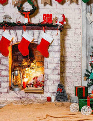 Christmas Socks Hanging On Fireplace With Carpet Photography Backdrop Shopbackdrop