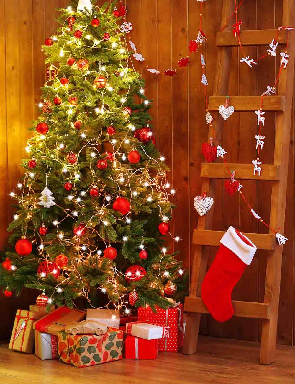 Christmas Stocks Hang On Ladder With Christmas Tree For Holiday Backdrop Shopbackdrop