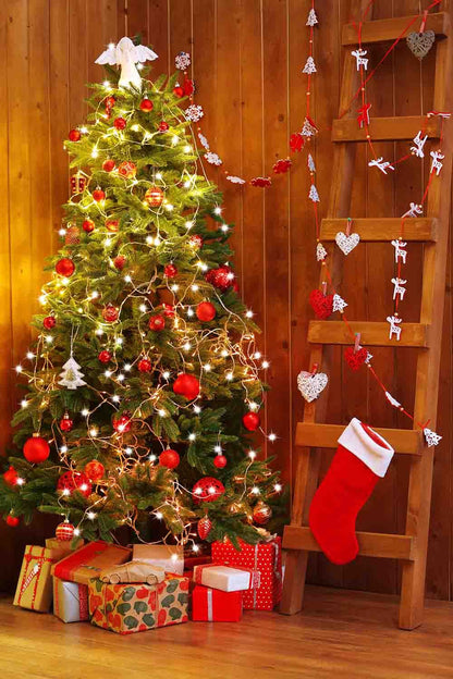 Christmas Stocks Hang On Ladder With Christmas Tree For Holiday Backdrop Shopbackdrop