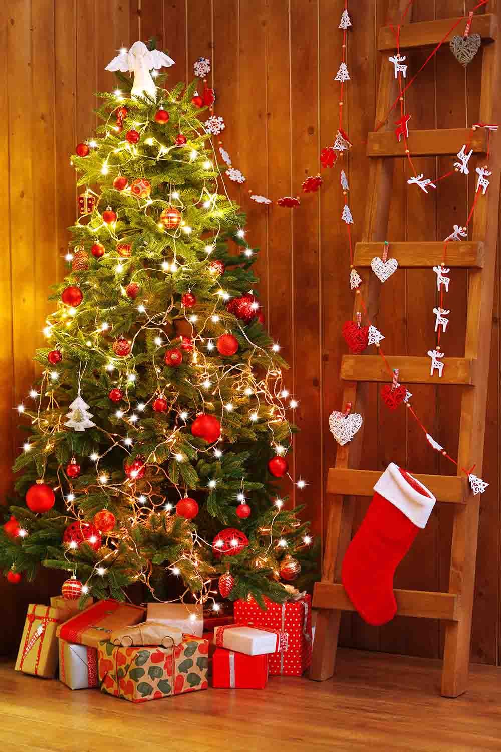 Christmas Stocks Hang On Ladder With Christmas Tree For Holiday Backdrop Shopbackdrop