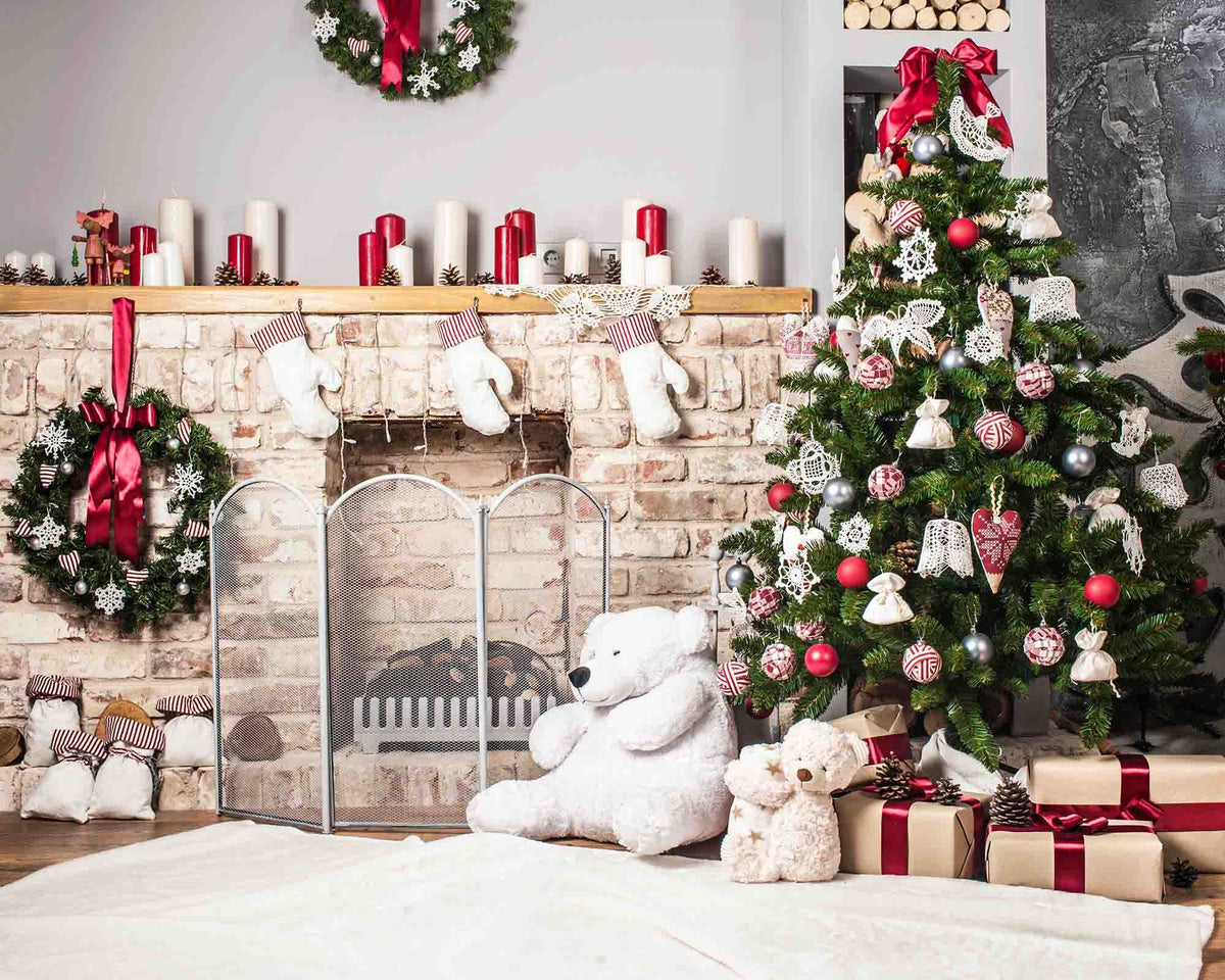 Christmas Tree And Bear On Wood Floor For Children Backdrop Shopbackdrop