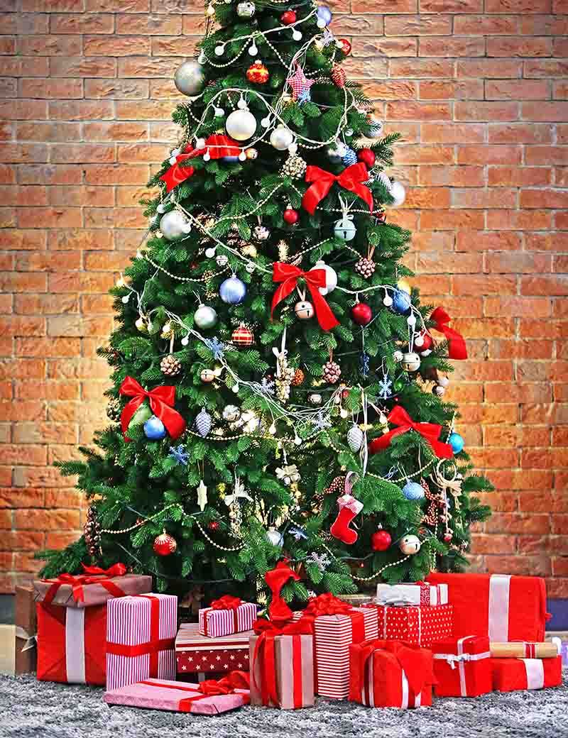 Christmas Tree Full Of Gift Before Red Brick Wall Photography For Holiday Backdrop Shopbackdrop