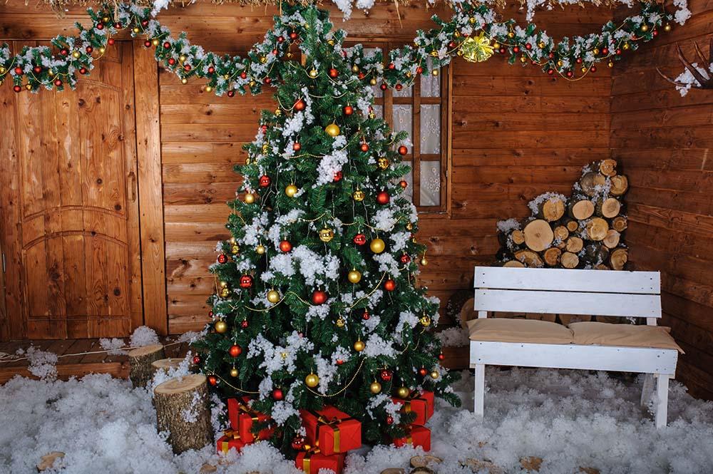 Christmas Tree In Wooden Room Interior With Decoration Snow Photography Backdrop J-0609 Shopbackdrop