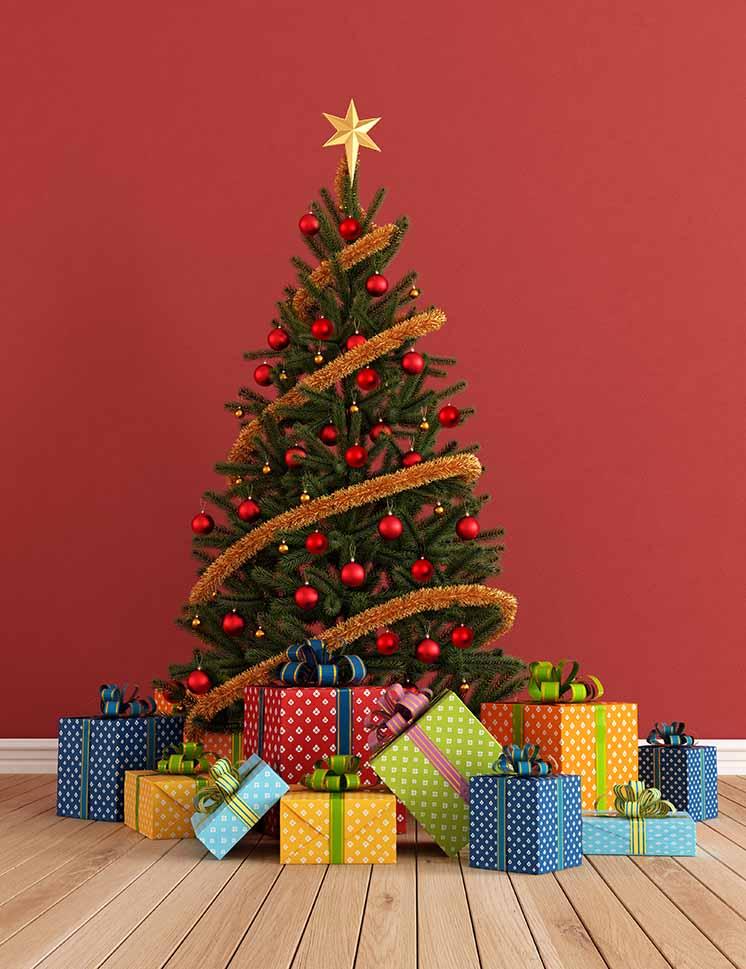 Christmas Tree On Wood Floor  With Red Wall For Photo Backdrop Shopbackdrop