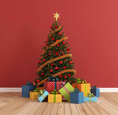 Christmas Tree On Wood Floor  With Red Wall For Photo Backdrop Shopbackdrop