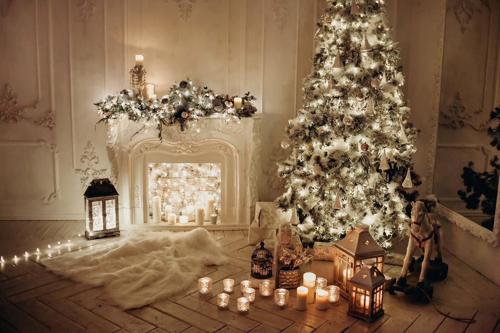 Classical Interior White Room With Decorated Fireplace Christmas Tree Photography Backdrop J-0612 Shopbackdrop