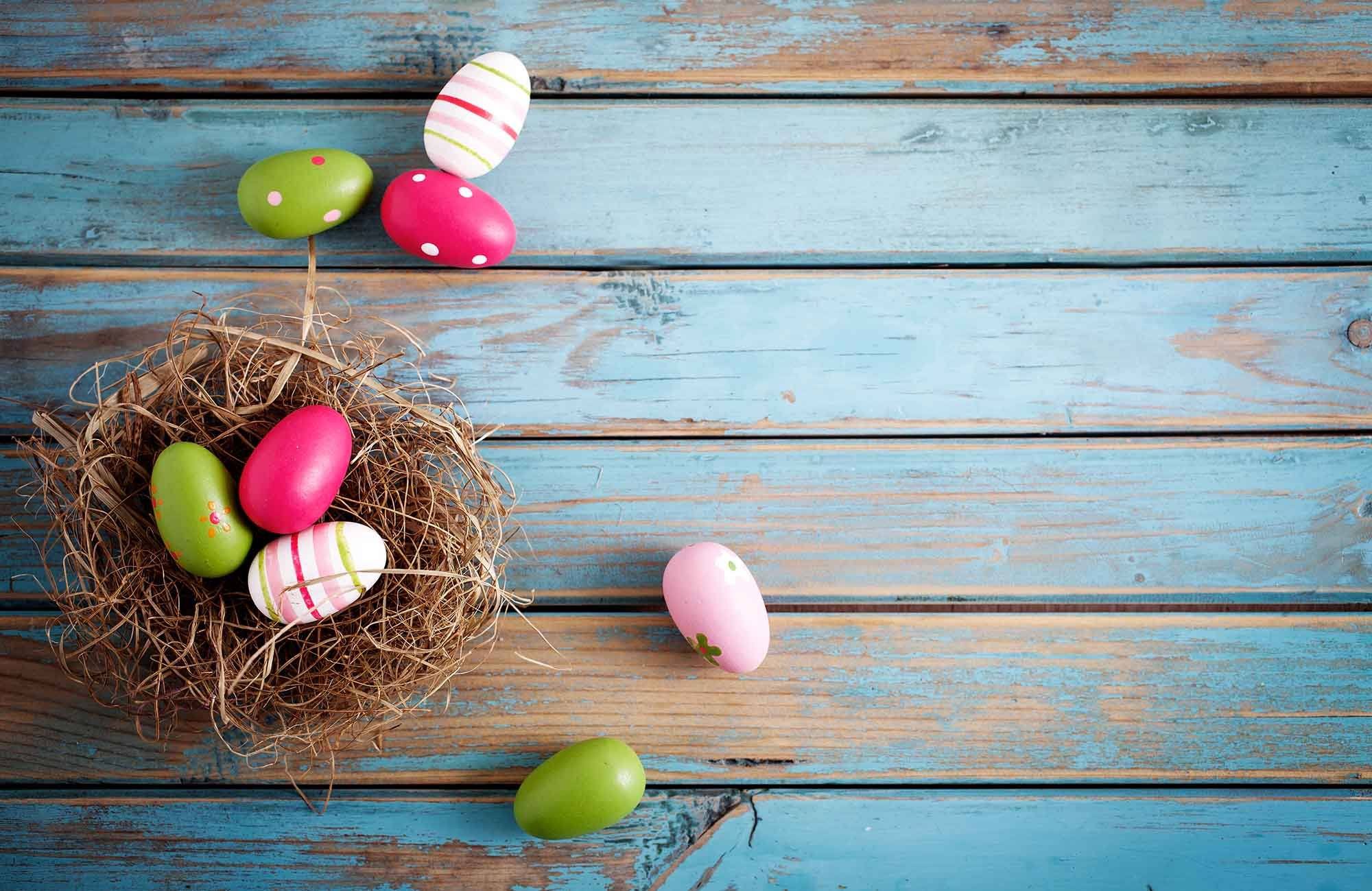 Colorful Easter Eggs On The Blue Wood Floor Backdrop Shopbackdrop