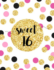 Custom 16th Birthday Background With Golden Pink Polka Dots Backdrop Shopbackdrop