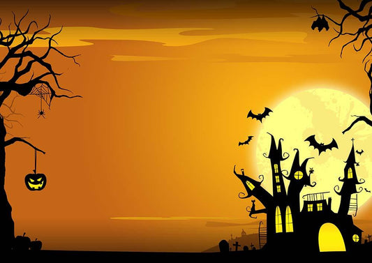 Dark Castle And Bats In Chrome Yellow Sky For Halloween Photography Backdrop Shopbackdrop