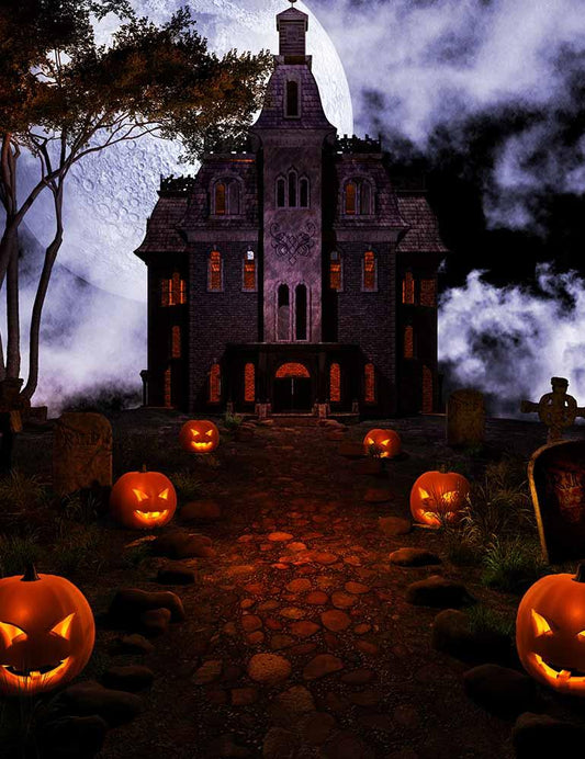 Dark Castle Pumpkins Beside Road Halloween Holiday Photo Backdrop Shopbackdrop