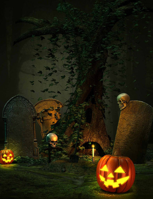 Dark Horror Cemetery With Skull And Pumpkin For Halloween Photography Backdrop Shopbackdrop