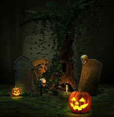 Dark Horror Cemetery With Skull And Pumpkin For Halloween Photography Backdrop Shopbackdrop