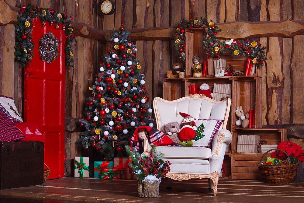 Decorated Christmas Room With White Chair Photography Backdrop N-0019 Shopbackdrop
