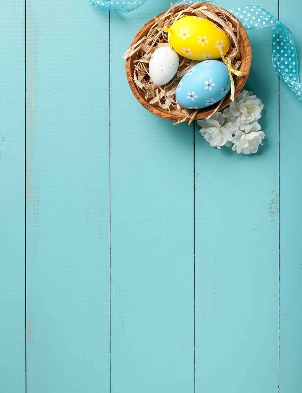 Easter Eggs In Basket On Wood Floor Mat Texture Photography Backdrop Shopbackdrop