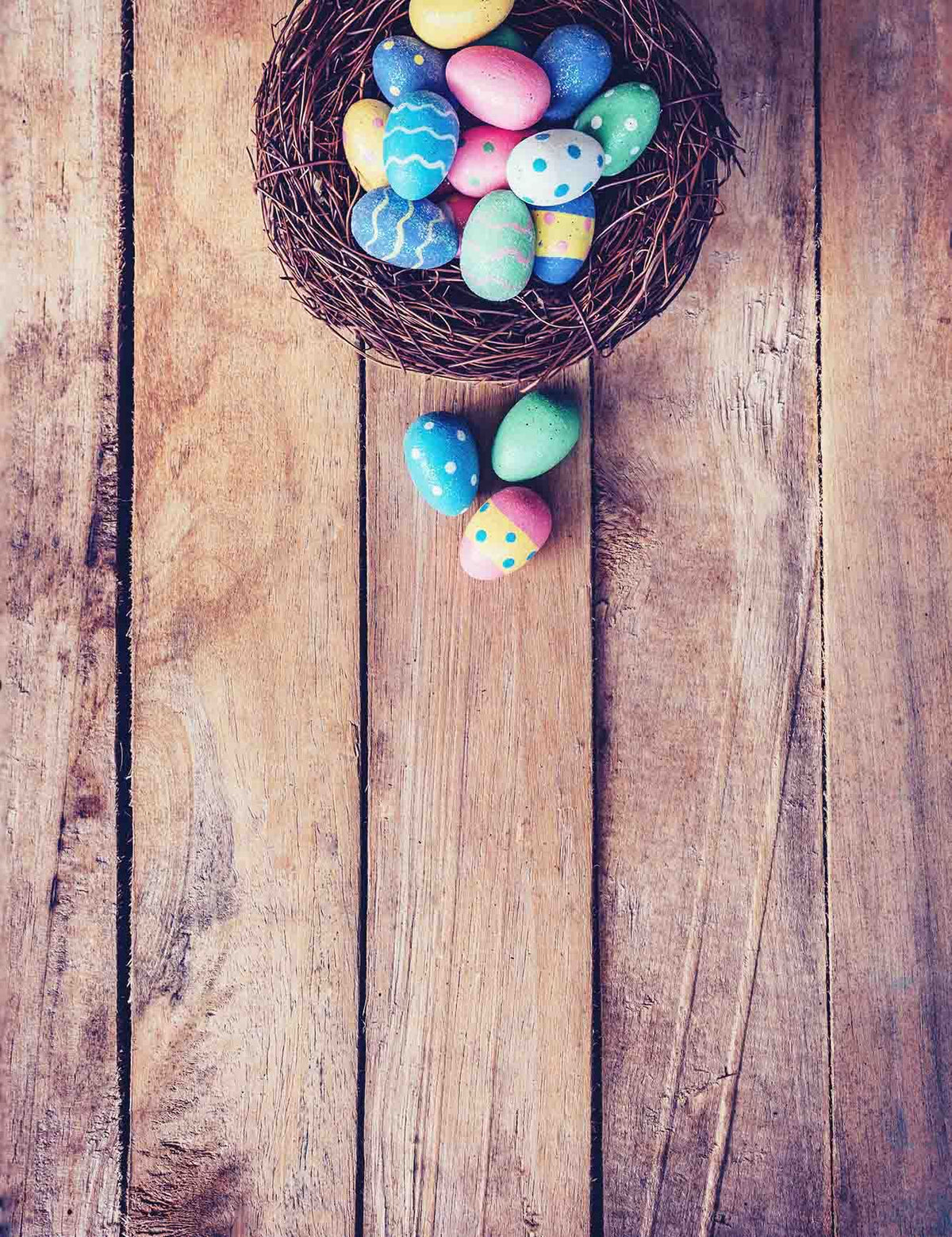 Easter Eggs In Basket On Wood Floor Photography Backdrop Shopbackdrop
