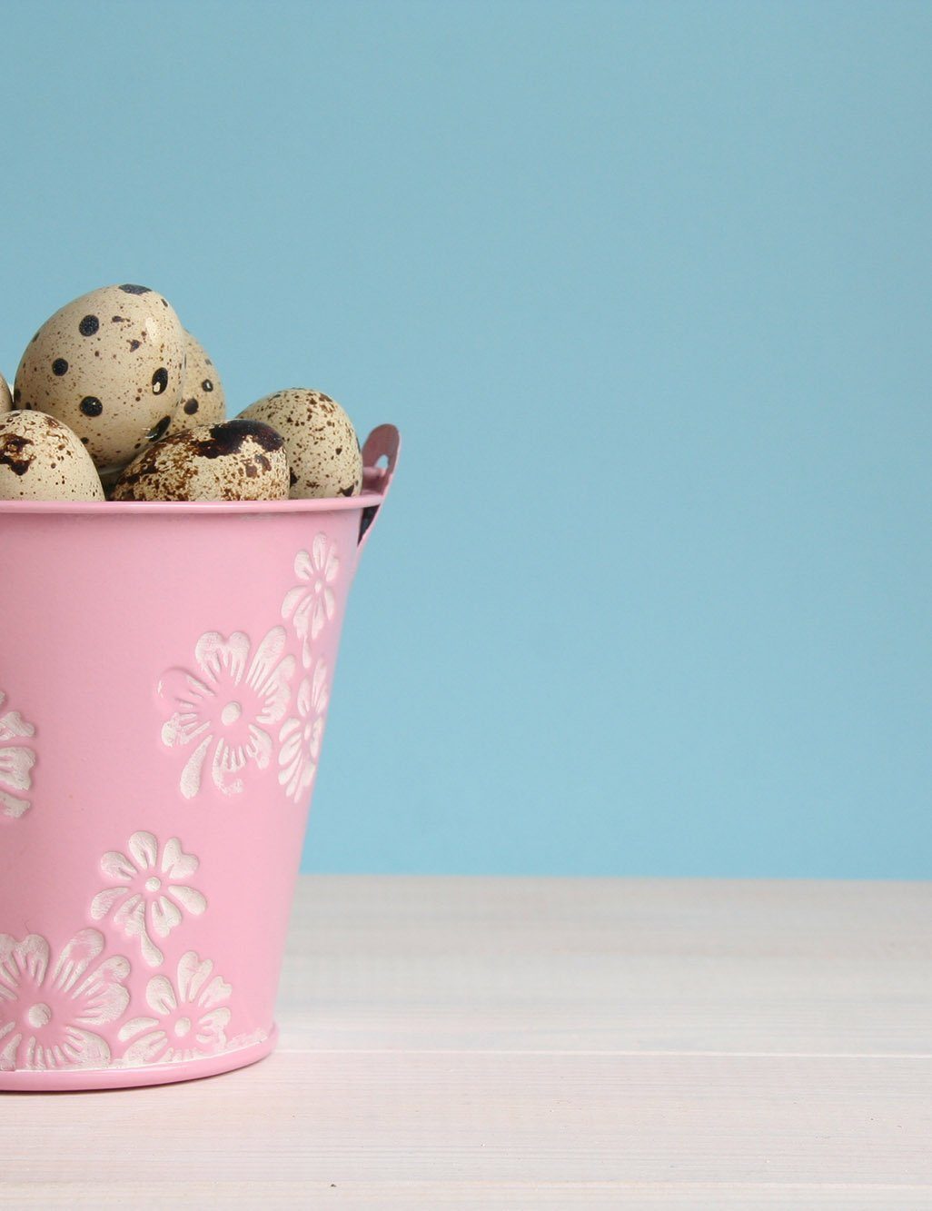 Easter Eggs In Pink Pail On Wood Floor With Lighter Blue Background Backdrop Shopbackdrop