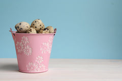 Easter Eggs In Pink Pail On Wood Floor With Lighter Blue Background Backdrop Shopbackdrop