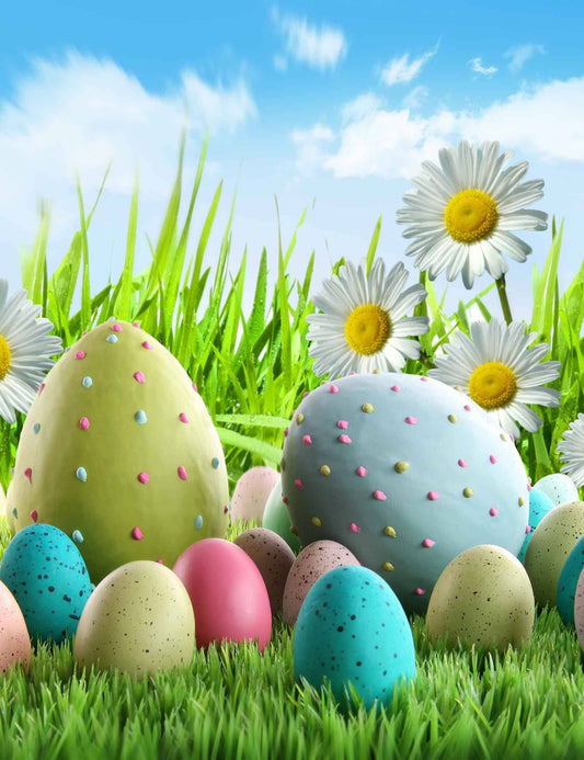 Easter Eggs On Green Grass With Flowers And Blue Sky Background For Holiday Backdrop Shopbackdrop