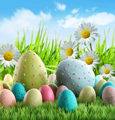Easter Eggs On Green Grass With Flowers And Blue Sky Background For Holiday Backdrop Shopbackdrop